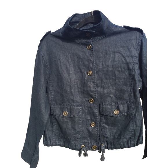 Talbots linen jacket womens P petite navy blue preppy classic coastal old money - Picture 2 of 12